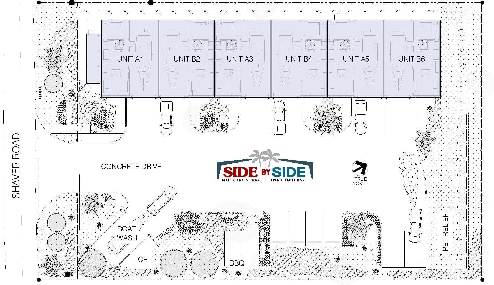 Site plan showing the six garage condos, the amenity area and the gated entrance