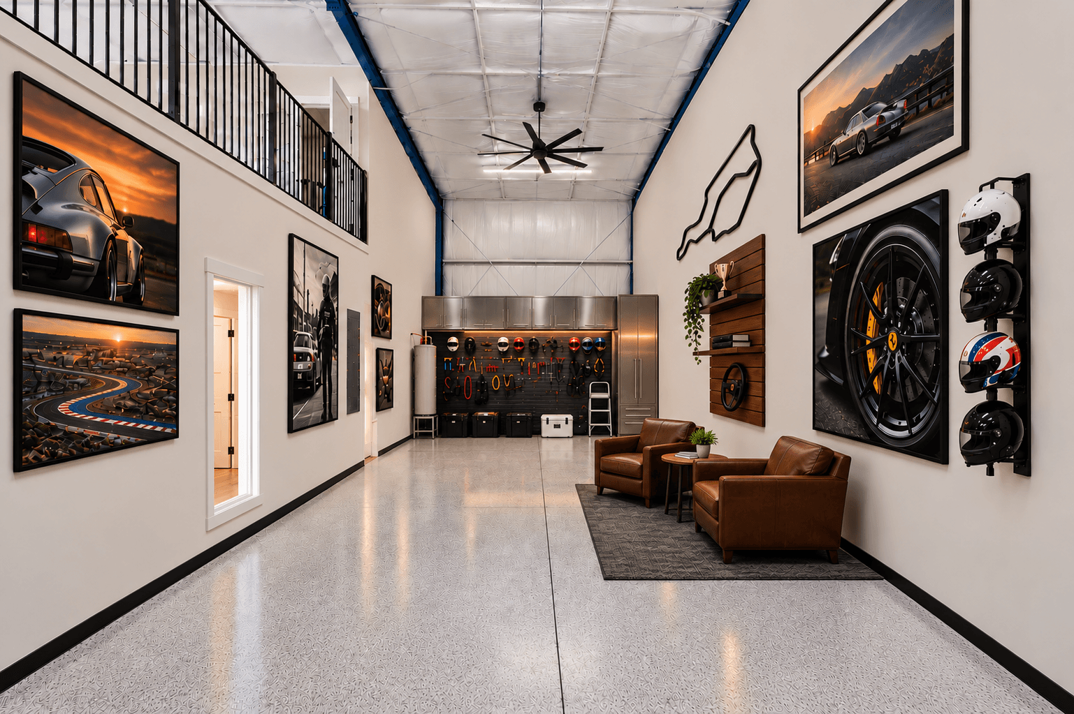Garage set up as a car lounge with helmets, art and leather chairs, virtually staged