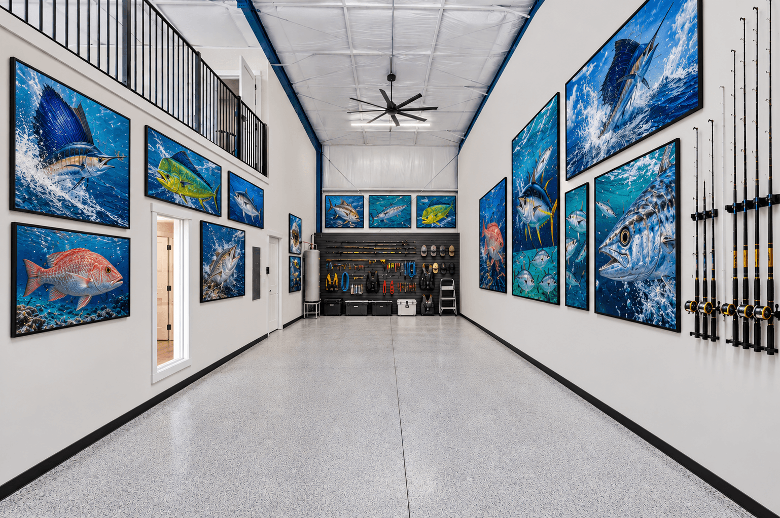 Garage with sport-fish art, rod racks and a gear wall under the loft rail, virtually staged